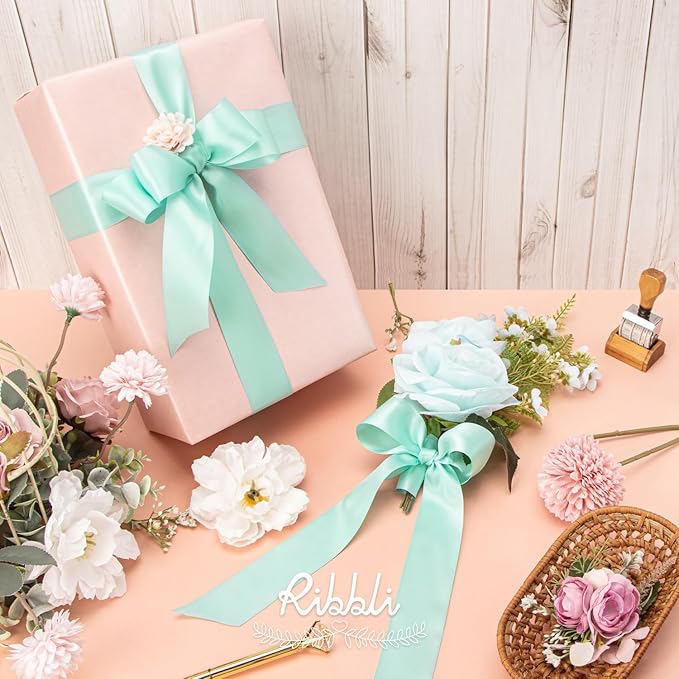 Ribbli Aqua Blue Double Faced Satin Ribbon,1-1/2” x Continuous 25 Yards,Use for Bows Bouquet,Gift Wrapping,Wedding Decoration