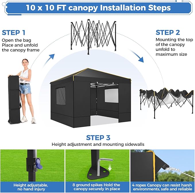 COBIZI 10x10 Pop Up Canopy Tent with Sidewalls and Roll-up Ventilated Windows with Mosquito net, Ez Outdoor Commercial Instant Gazebo Tent for Party Waterproof with Carrybag