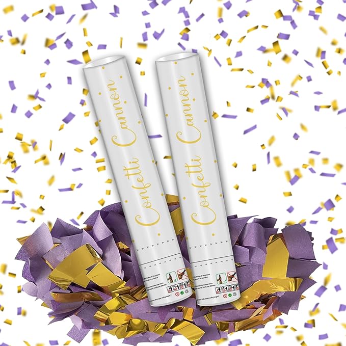 12" Purple & Gold Confetti Cannons - Party Poppers for Birthday Graduation Wedding Celebrations - Easy to Use - Pack of 2