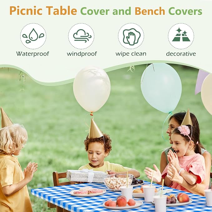 Picnic Table Cover with Bench Covers and Bag, Camping Table Camping Essentials Cover with Elastic Edges (Blue)