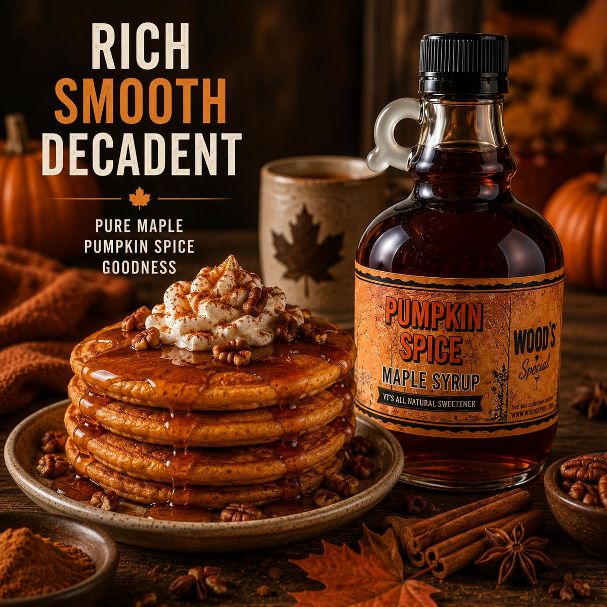 WOOD'S Pumpkin Spice Maple Syrup – Small-Batch Vermont Maple Syrup Infused with Cozy Fall Spices | Natural, Vegan Sweetener for Coffee, Pancakes, Baking &amp; More | 8.45 Fl Oz (250mL)