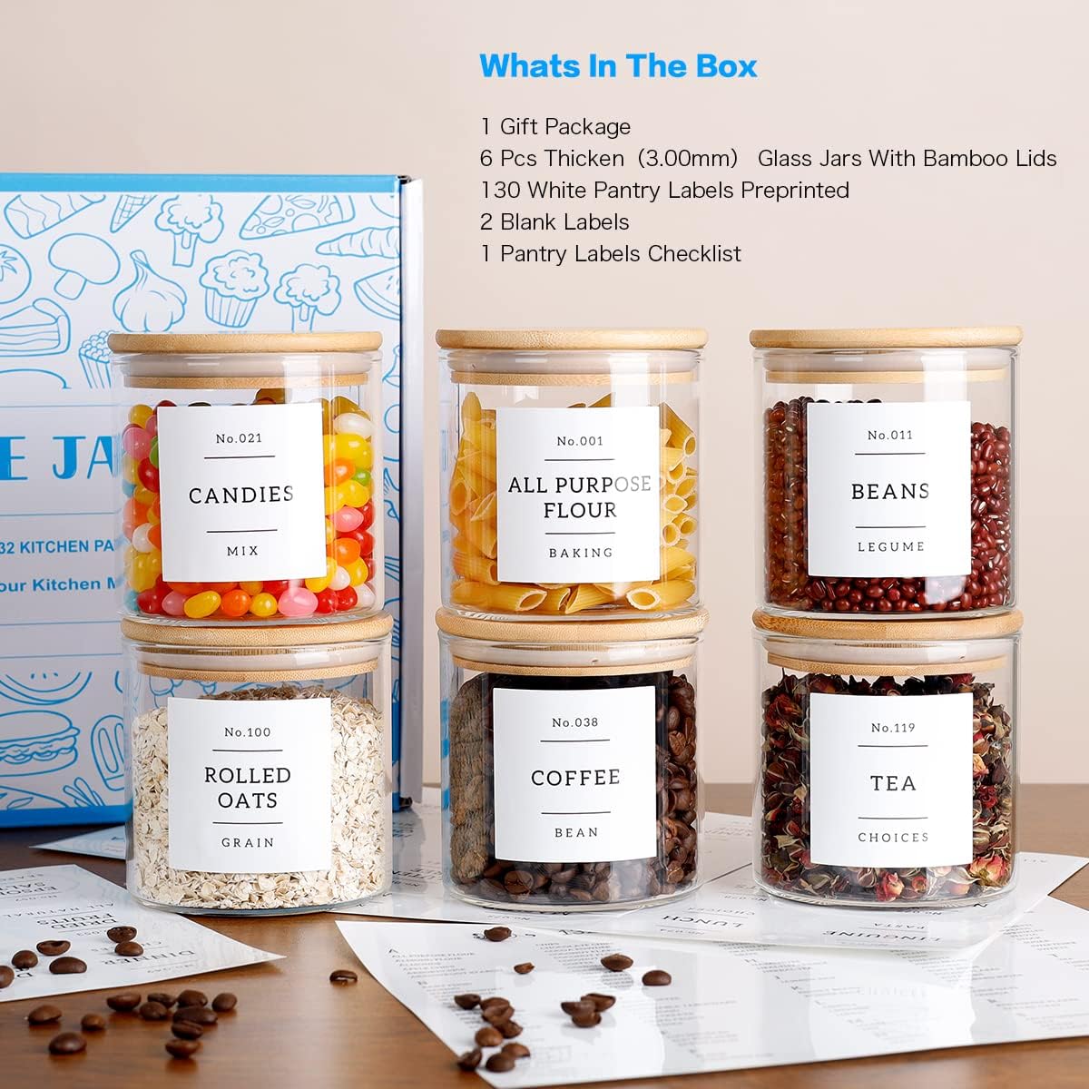 20 OZ Glass Food Storage Jars with 132 Pantry Labels Preprinted - 6 Pcs Thicken Glass Storage Containers with Airtight Bamboo Lid