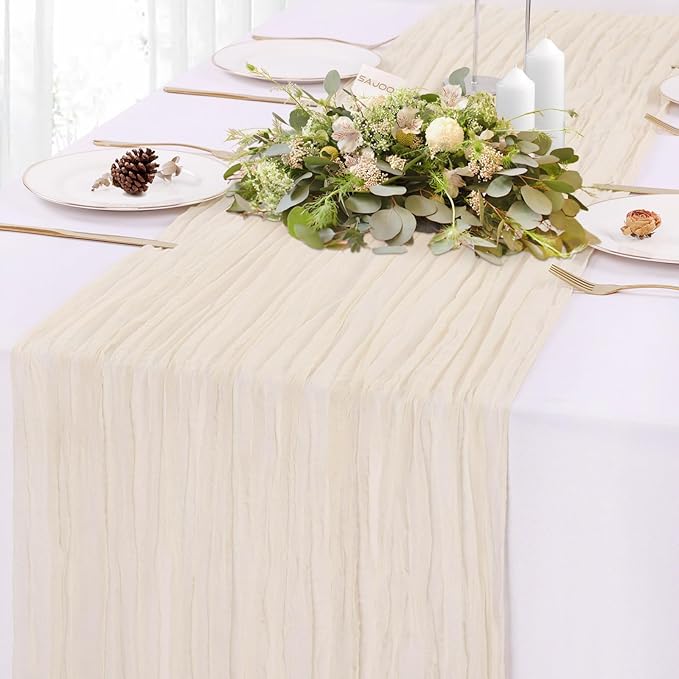 Cream Cheesecloth Table Runner 10FT Rustic Gauze Cheese Cloth Table Decorations 120 Inch Sheer Fabric Table Runners for Baby Bridal Shower Birthday Party Home Decor