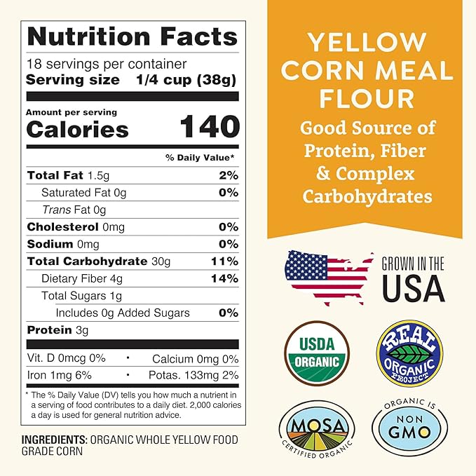 Organic Yellow Cornmeal 1.5 lb Fine Grind - Non-GMO, Gluten-Free, Sugar-Free, Farmed From Regenerative Soil, Vegan, Grown In USA