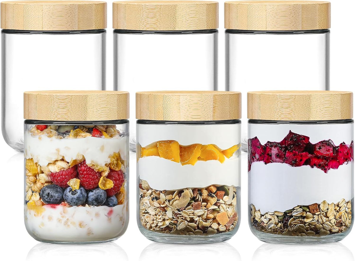 Netany 6-pack 16oz Glass jars with Airtight Lids, Overnight Oats Containers with Bamboo Lids, Wide mouth Mason Salad jars