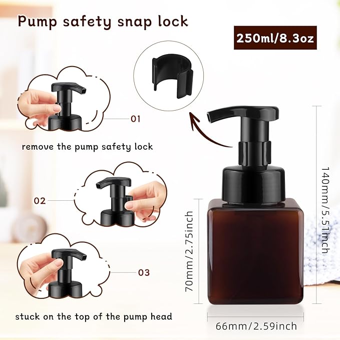3 Pack Foaming Soap Dispenser Empty Plastic Foam Pump Bottle Refillable Foam Soap Bottle Dispenser for Shampoo Liquid Soap Face Wash (Brown, 250ml/8.3oz)