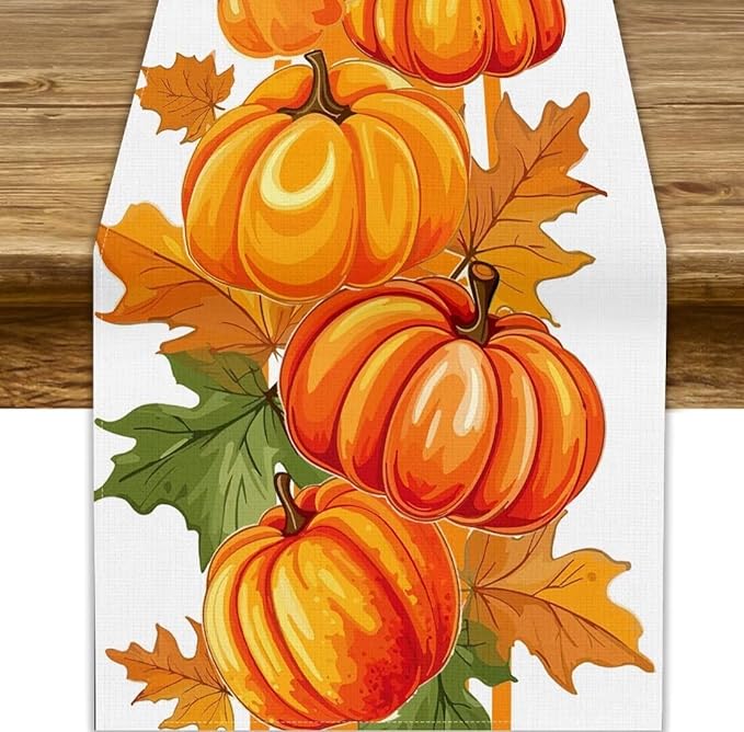 Fall Pumpkin Table Runner, Autumn Orange Maple Leaves Print Table Runner for Thanksgiving Harvest Holiday Indoor Outdoor Table Decoration, 13x90inch