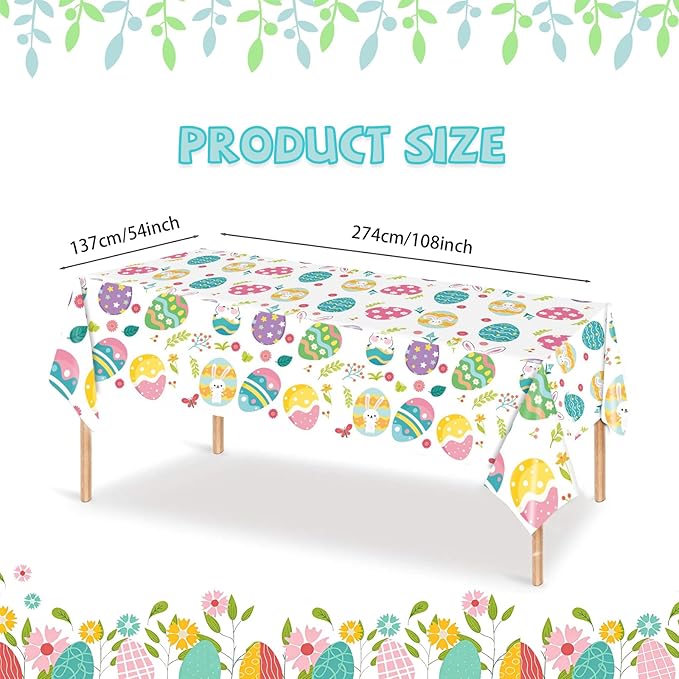 Easter Tablecloths Decorations - 2-Piece Colorful Easter Egg Tablecloths, Disposable Plastic Tablecloths, 54 inches x 108 inches, Perfect for Spring Decorations and Easter Party Supplies