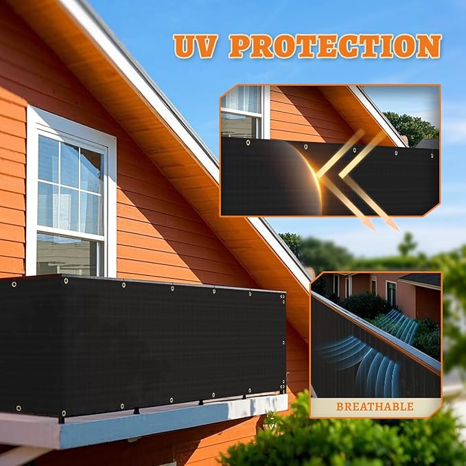 2.5' x 68' Balcony Privacy Screen Fence Cover with Zip Ties Grommets for Apartment Patio Porch Deck Backyard Outdoor (Black)