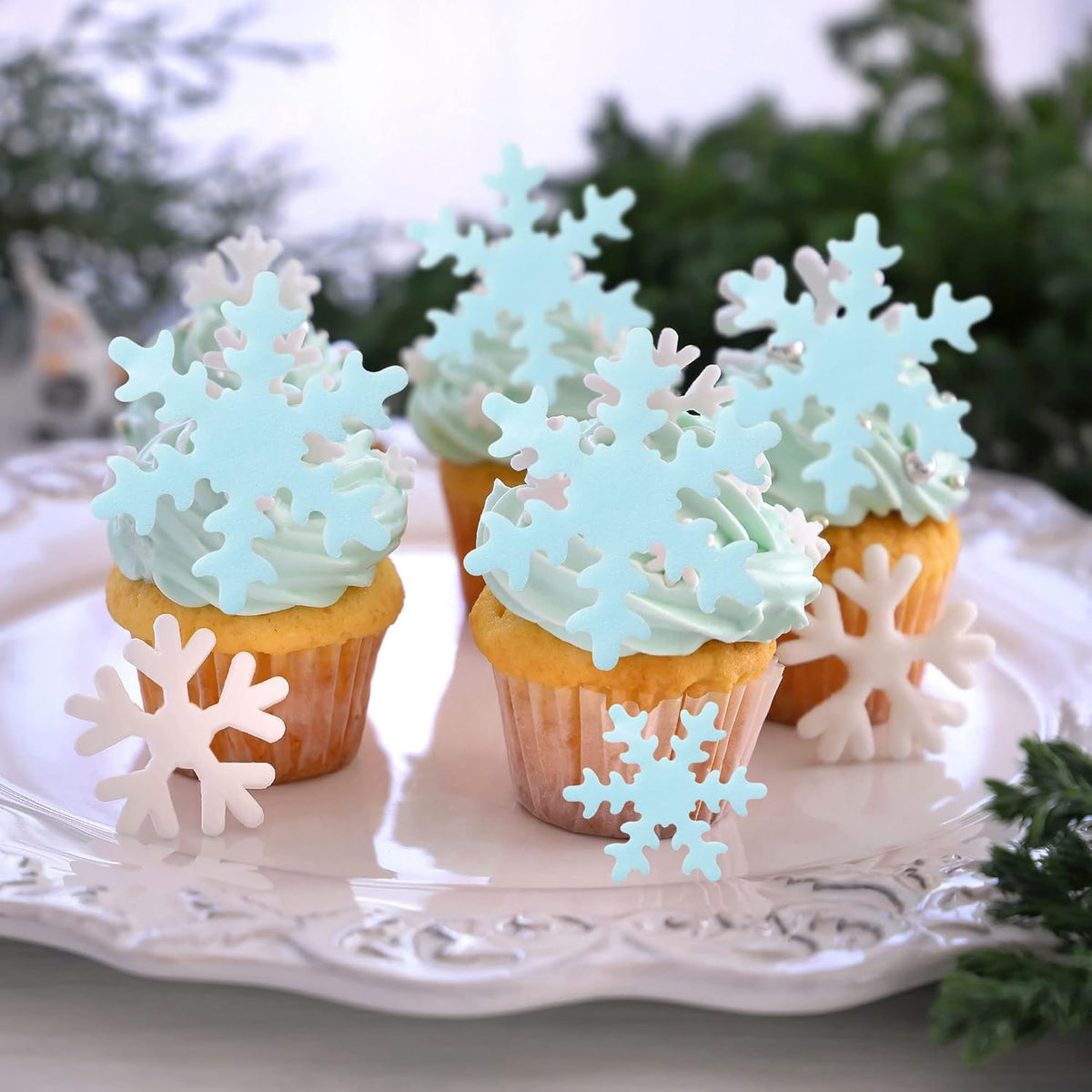 Gyufise 50Pcs Edible Snowflakes Blue Cupcake Cake Toppers Decoration for Chirstmas Winter Frozen Theme Party Supplies