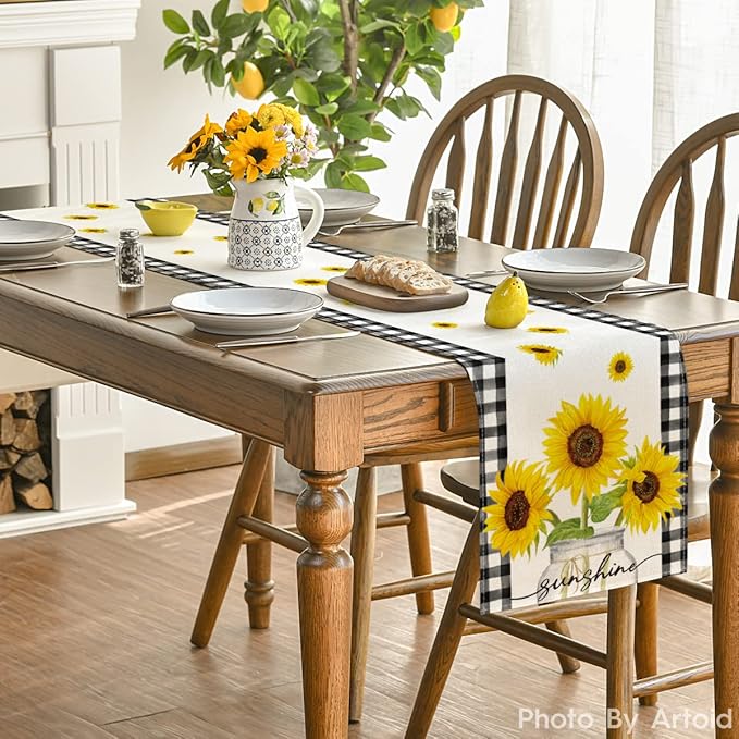 Artoid Mode Buffalo Plaid Sunflower Sunshine Vase Summer Table Runner, Spring Kitchen Dining Table Decoration for Home Party Decor 13x48 Inch