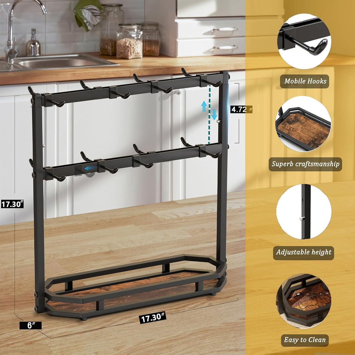 Coffee Mug Holder with Movable Hooks,16 Capacity Coffee Cup Holder for Countertop, Metal Mug Tree Holder Rack with Storage Base