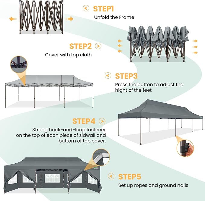 COBIZI 10x30 Pop Up Heavy Duty Canopy with 8 Sidewalls and Hexagonal Legs, Easy up Tent for Party, Wedding and Commercial, Outdoor Canopy with Carry Bag, Waterproof & UPF50+ (Gray)