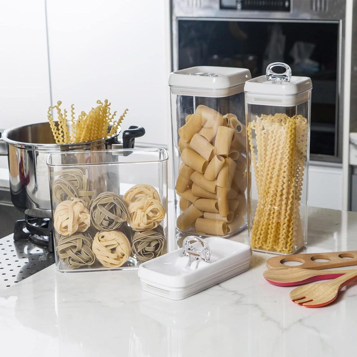 Felli Flip Tite Tall Storage Container with Lid 4" Air Tight Easy Open Ring Top, Clear Acrylic Skinny Canister Jar for Spaghetti Lasagna Fettuccine