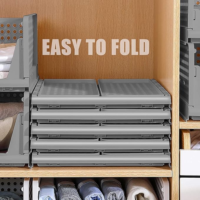 Stackable Wardrobe Organizer for Clothes - Multipurpose Foldable Plastic Closet Storage Organizer for Kitchen, Bedroom & Bathroom (Pack of 10, Grey)