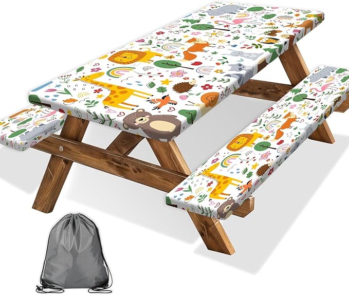 Picnic Table Cover with Bench Covers, Camping Essentials, Jungle Animal Cute Waterproof Windproof Camping Tablecloth, Fitted Tablecloth Cover with Elastic Edge for Indoor Outdoor 30x72 Inch