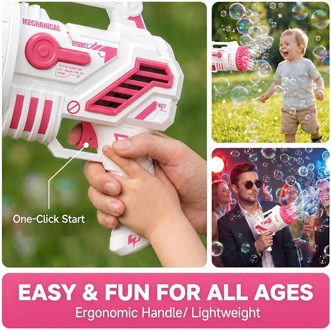 Bubble Gun for Kids, 69-Hole Bubble Machine with LED Lights, 69 Hole Bubble Blaster Blower, for Ages 3+, Summer, Birthday, Party Wedding Outdoor (Pink)