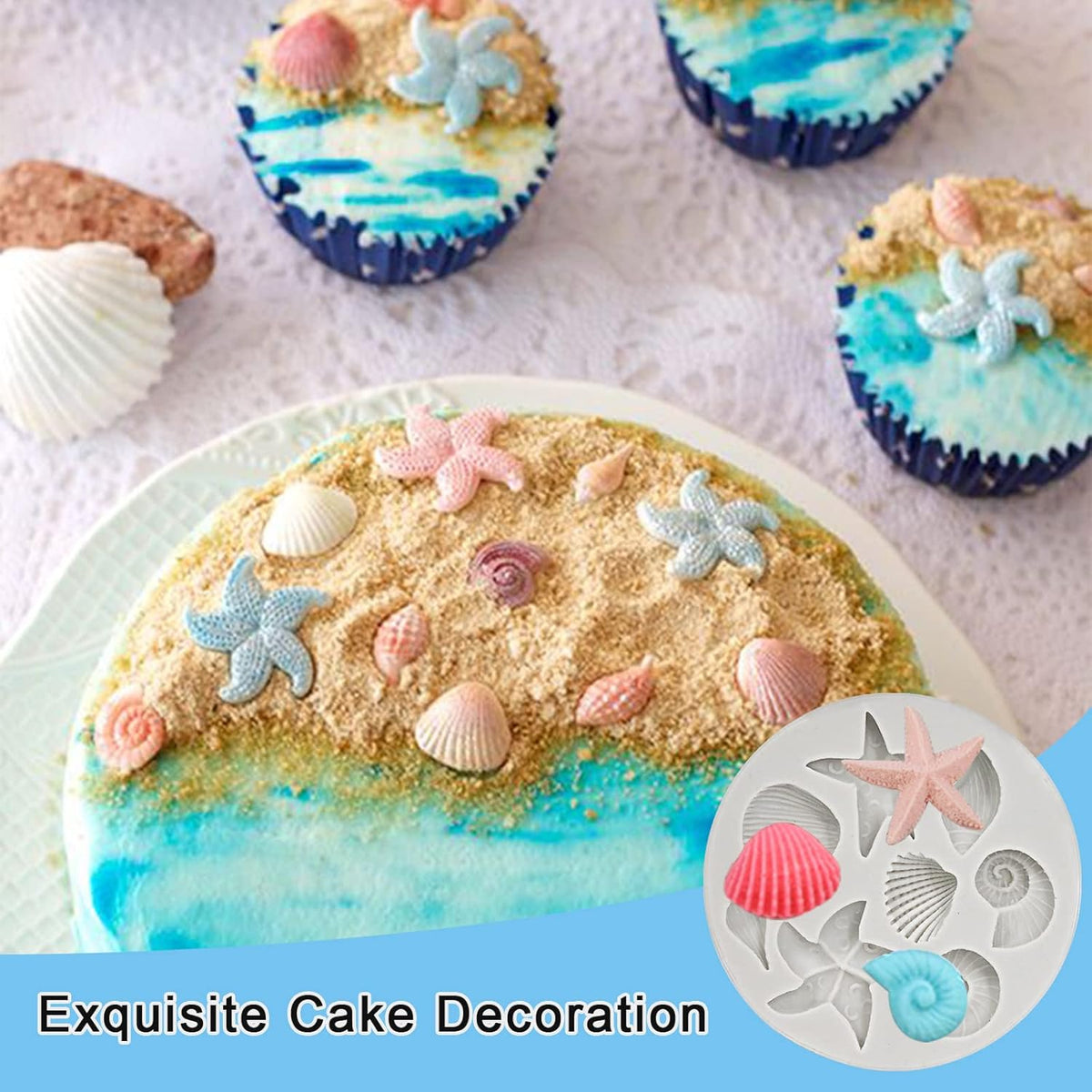 Memovan Under the Sea Silicone Mold 3pcs Marine Fondant Cake Mold Seashell Conch Starfish Silicone Baking Mold for Under the Sea Ocean Chocolate