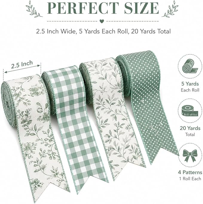 Sage Green Wired Ribbon Set, 4 Rolls 2.5 Inch Decorative Ribbon with Floral Gingham Polka Dot Leaf Designs for Wreaths, Bows, Gift Wrapping, Wedding Crafts