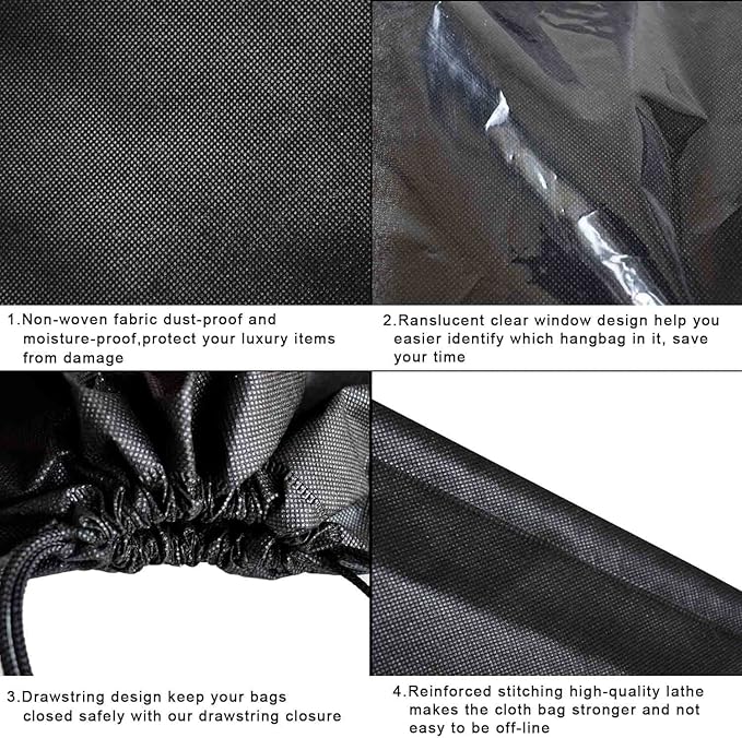 8PCS Dust Bags for Handbags Jumbo Travel Shoe Bags Purses Organizers Storage Bags with Rope Clear Window Dustproof Drawstring Bag Storage Pouch for Men and Women - Black, 23.6 x 19.7 in