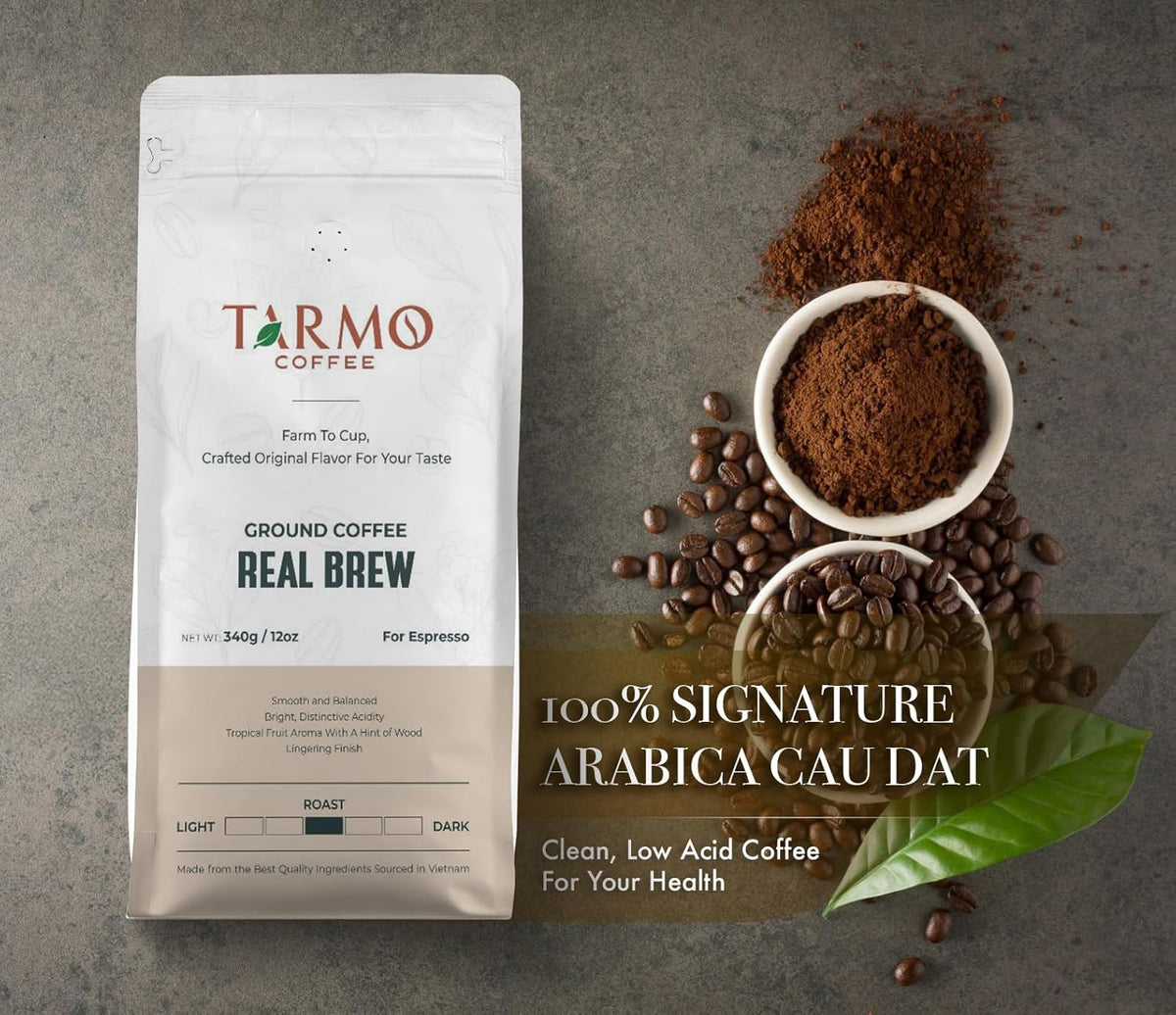 Tarmo - Real Brew, Low Acid 100% Arabica Ground Coffee, Specialty Vietnamese Coffee, Single Origin Medium Roast, Coffee Ground 12 Oz Bag