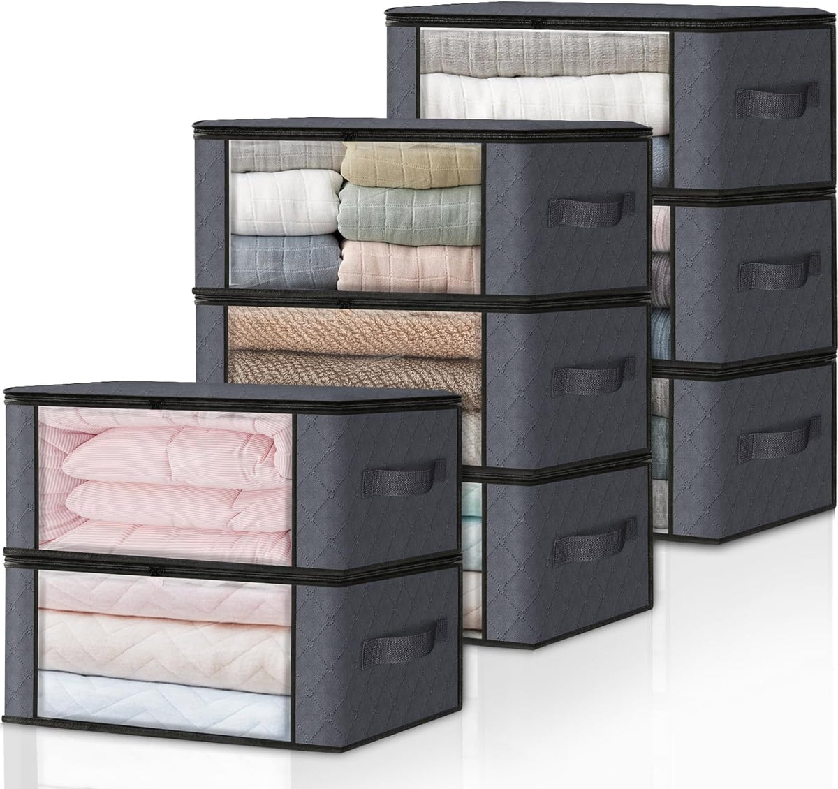 HomeHacks Storage 8-Pack Clothes Organizer Storage Bags Foldable Storage Box with Large Clear Window Sturdy Handles for Closet, Dorm, Pillows, Bedding, Clothes, Blankets, 35L, Grey