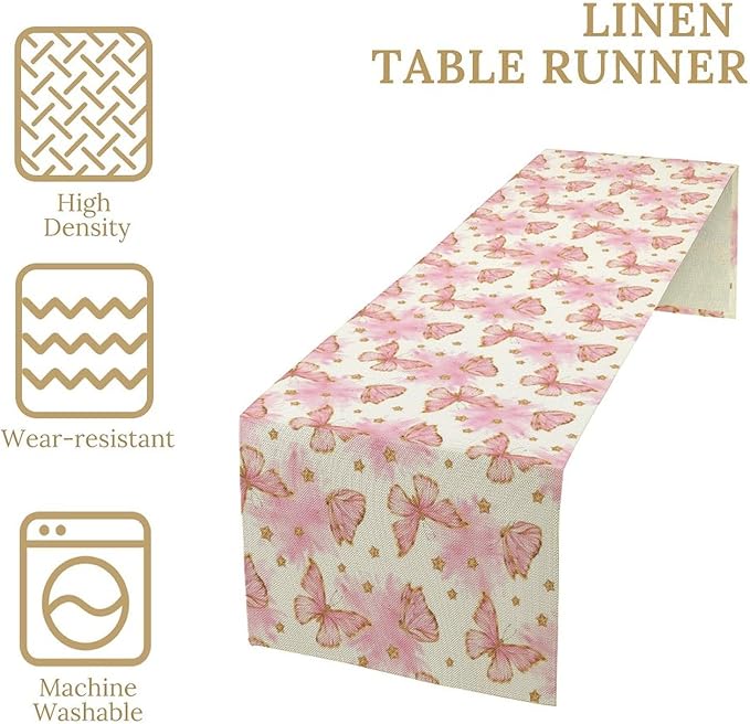 Watercolor Butterfly Table Runner, Cute Pink Butterfly Spring Modern Aesthetics Print Table Runner for Holiday Kitchen Dining Outdoor Home Party 13x108in
