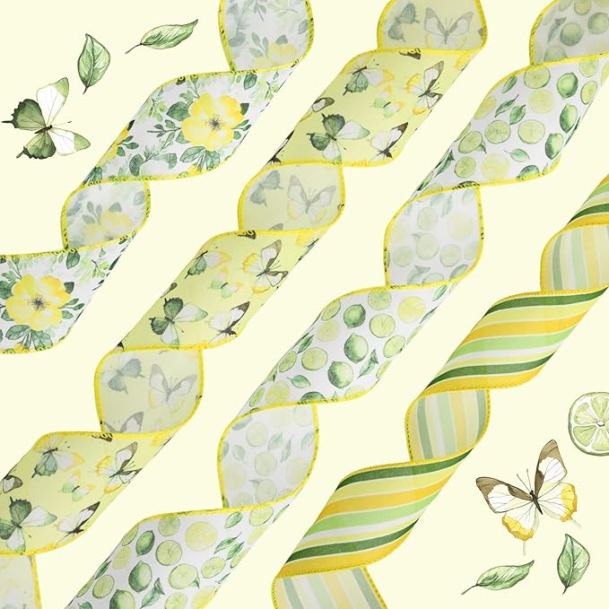 4 Rolls Floral Wired Edge Ribbon – Spring Summer Yellow Grosgrain with Butterfly, Lemon & Flower Motifs for Gift Wrapping, Wedding Decor, DIY Crafts (2.5 Inch, 5 Yards Each)