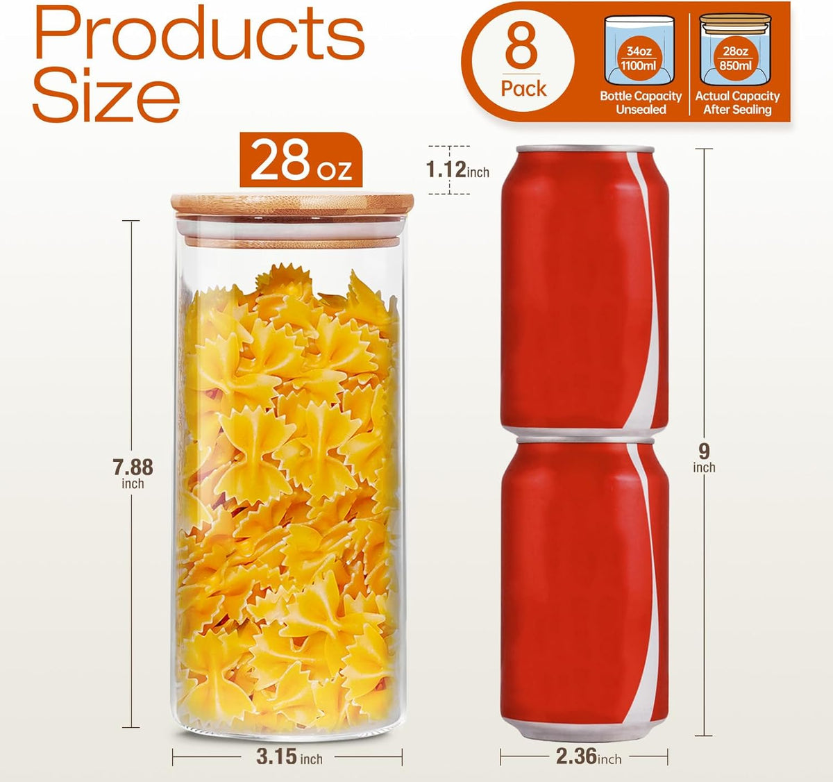 Glass Jars with Bamboo Lids 28 floz [Set of 8], Glass Canisters with Airtight Lids, Glass Food Storage Containers for Pasta, Oats, Coffee, Flour