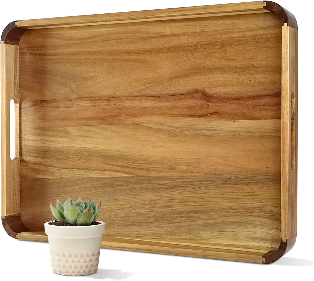 22 Inches Acacia Wood Serving Tray with Handles, Large Wooden Rectangle Ottoman Tray, Nice Home Decor for Living Room Coffee Table Couch