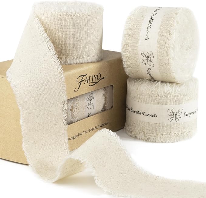 Linen Cotton Ribbon 1-1/2 Inch Linen 3 Rolls 21 Yards Frayed Edge Fabric Set for Rustic Wedding Decor, Bridal Bouquet Wrap, Farmhouse Decor, Table Setting & Gift Wrapping