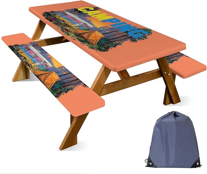 ANNA QUEEN Brand 6-Foot Camping Outdoor Picnic Table Cover, Includes Bench Cover, 3-piece Picnic Table Cover Set, 72 inches x 30 inches, Camping Outdoor Bench and Tablecloth Furniture Protection.