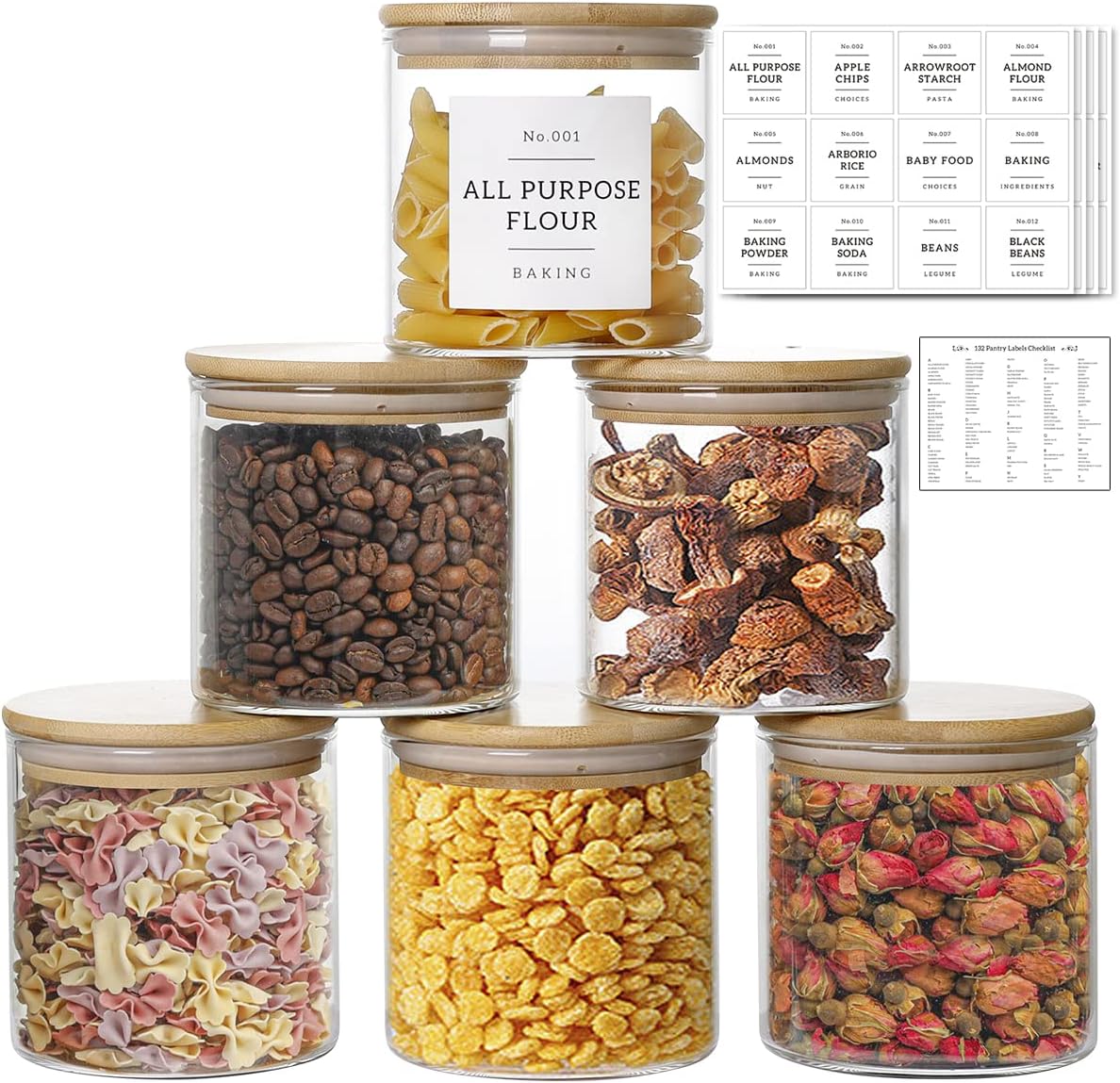 20 OZ Glass Food Storage Jars with 132 Pantry Labels Preprinted - 6 Pcs Thicken Glass Storage Containers with Airtight Bamboo Lid