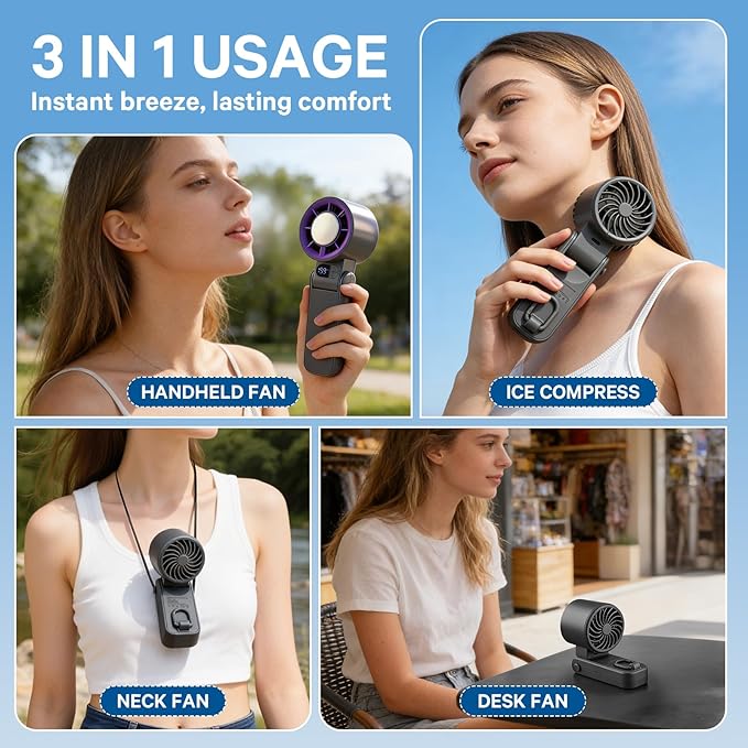 Handheld Portable Turbo Fan with Ice Cooler, Speed (1-199) Rechargeable Personal Fan,Powerful Mini Personal fan for Travel, Outdoor, Beach & Makeup