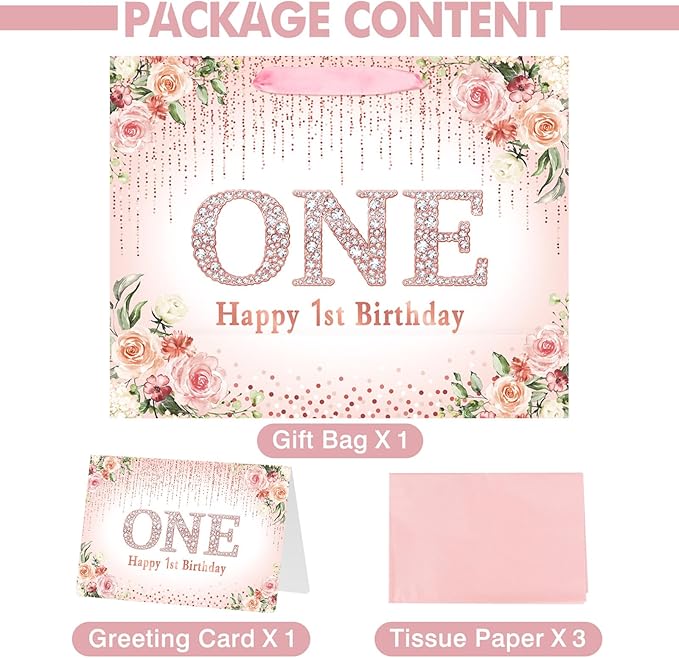 Laidans Rose Gold One Year Old Happy Birthday Gift Bag with Tissue Paper and Card for Bday Party Supplies (Rose Gold) (1st)