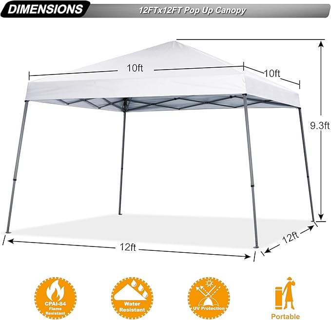 ABCCANOPY Stable Pop up Outdoor Canopy Tent 12 x 12 ft Base / 10 x 10 ft Top, White