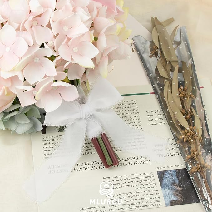 White Chiffon Ribbon - 1-1/2 Inch x 21 Yards Handmade Fringe Silk Ribbon for Wedding Invitation, Bridal Flower Bouquets, Floral Arrangement, Gift Wrapping