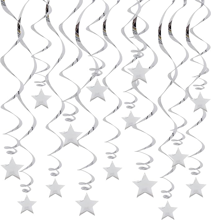 BEISHIDA Silver Star Hanging Swirl Decorations,Hanging Silver Party Supplies for Graduation Wedding Baby Shower Decorations, Pack of 15