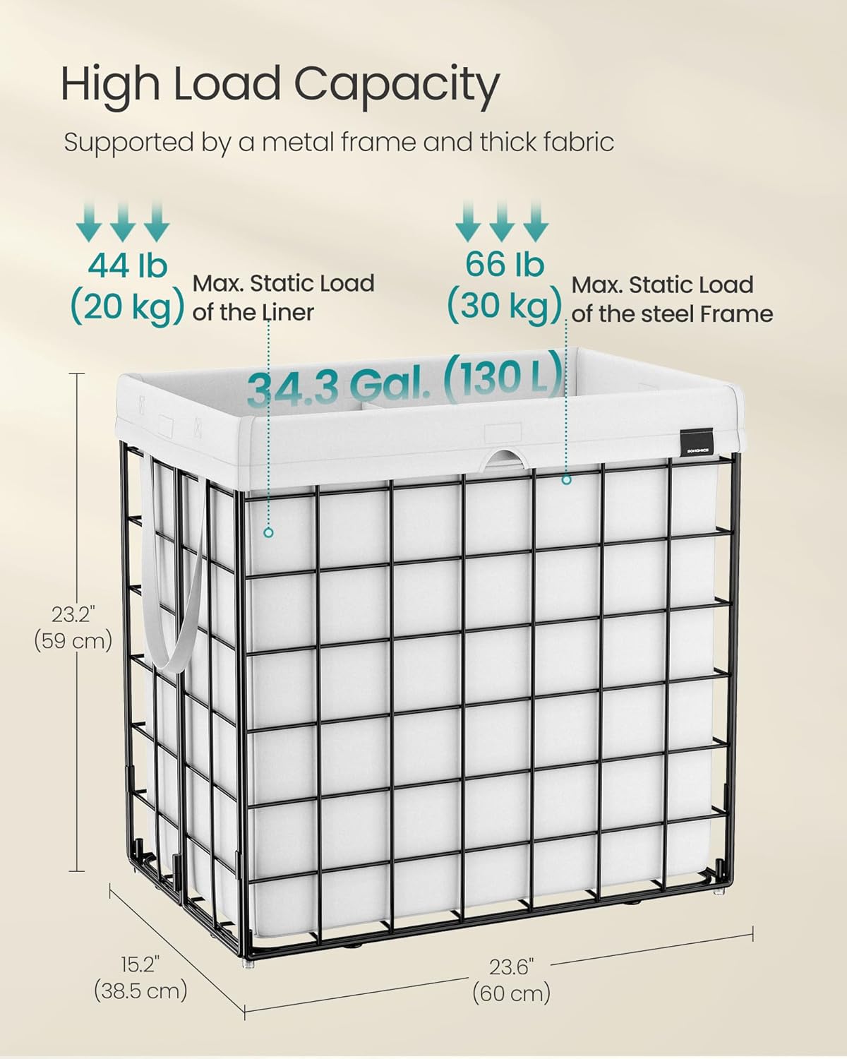 SONGMICS Laundry Hamper, 34.3 Gal. (130L) Laundry Basket, Collapsible Clothes Hamper, Removable and Washable Liner, Metal Wire Frame, for Bedroom Bathroom, Cream White ULCB113W01