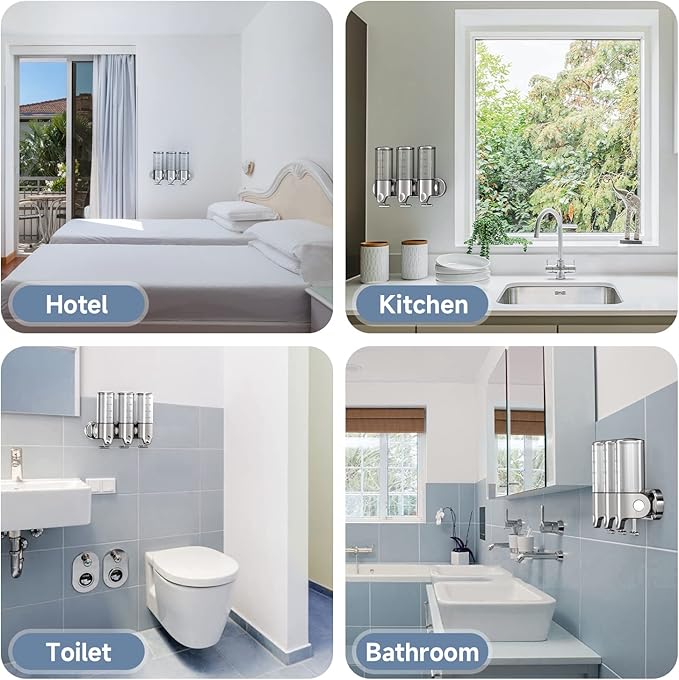 3 in 1 Chamber Wall Mounted BathroomShower Pump Dispenser,Dispensers for The Shower,Shampoo and Conditioner Dispenser,Shower Dispenser 3 Chamber no Drill