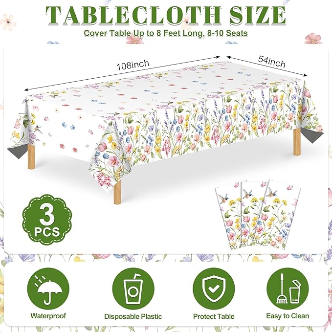NatNarr 3 Pack Wildflower Plastic Tablecloths, 54 X 108Inch Spring Tablecloth Disposable Tea Party Table Cloth, Butterfly Wildflower Porcelain Tables Decor for Tea Party Birthday Garden Wedding Party