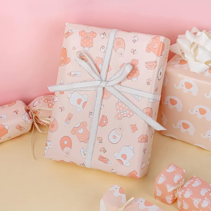 MAYPLUSS Pink Gift Wrapping Paper Roll - 17" X 120" Per Roll - Lovely Girly Little Girl Elephant, Clothing, Footprint Themed Birthday Gift Wrap Present Paper for Baby Shower, New Baby Party