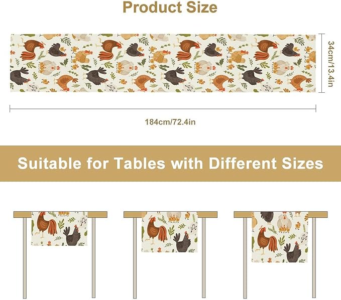 Cute Roosters Chickens Table Runners, Rustic Farm Animals Hen Table Runner for Farmhouse Wedding Coffee Dining Table Party Home 13x108in