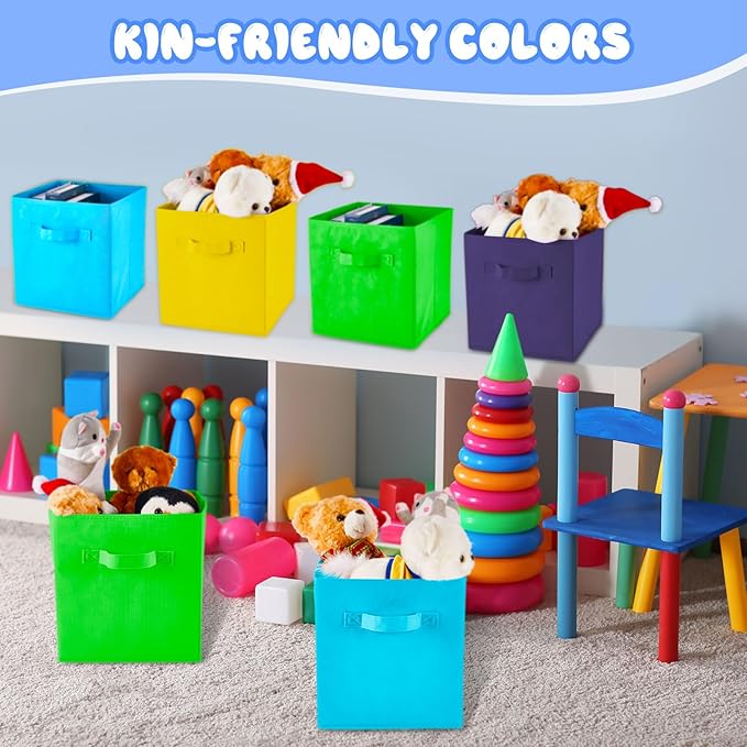 Yinder 12 Pcs Cube Storage Bin Rainbow Colored 10.5''x10.5''x11'' Storage Bins for Playroom Decor Colorful Bins for Kids Foldable Baskets for Nursery Organizer Boxes Fabric Boxes