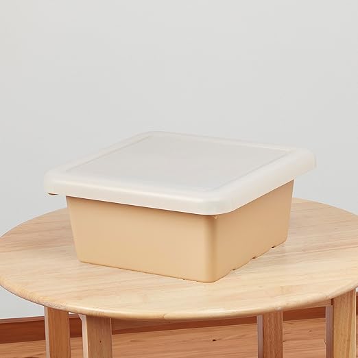 ECR4Kids Stackable Square Bins with Non-Snap Lids, Multipurpose Organization, Sand, 2-Pack