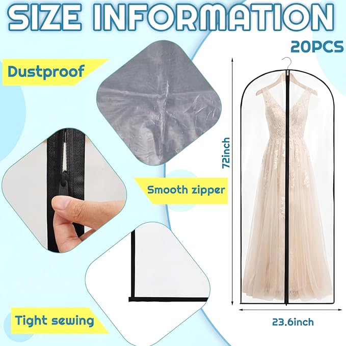 Amylove 20 Pcs 24 x 72 Inch Garment Bags Bulk Hanging Clothes Storage Covers for Closet Organization Dustproof Transparent Dress Suit Bag Set for Wedding Dresses Long Gowns Coats Seasonal Wardrobe