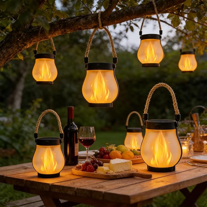 2Pack Solar Lantern Outdoor Lights, Waterproof Garden Lights with 2 Modes Dual Charging USB, Flickering Flame Hanging Lanterns Outdoor for Outside Porch Yard Garden Patio Decor