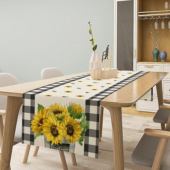 Morden Sunflower Table Runner,White Black Buffalo Plaid Watercolor Summer Flower Plants Leaves Print Table Runner for Kitchen Dining Table Holiday Home Party Decor 13x120in