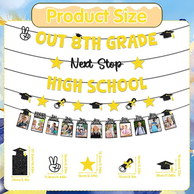 8th Grade Graduation Decorations - 5PCS out 8th Grade Graduation Glitter Banners Photo Banner Decor 2026, Black Gold Middle School Congrats Grad Party Supplies (No-DIY)