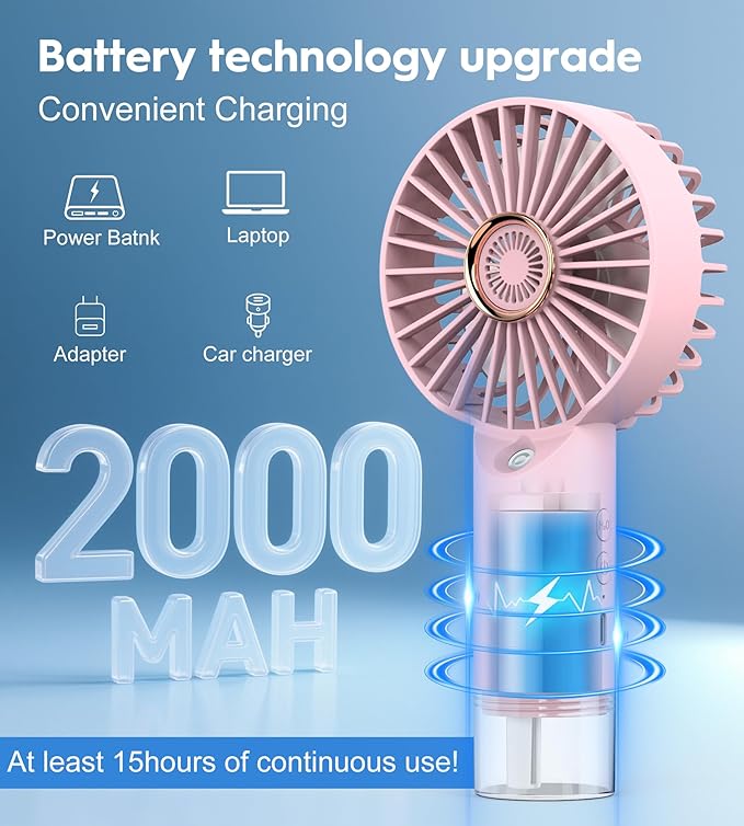 Mini Handheld Misting Fan, Small and Powerful, 3 Speed Portable Fan Lightweight USB-C Rechargeable Spray Water Mist for Makeup Stylish Girl Women Travel Indoor Outdoor Pink (Pink)